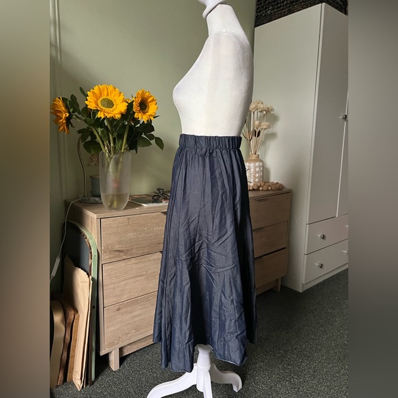 Blue Jean Dark Denim Modest Midi Elastic High-Waist Flare Knee-Length Skirt XS - Picture 9 of 16